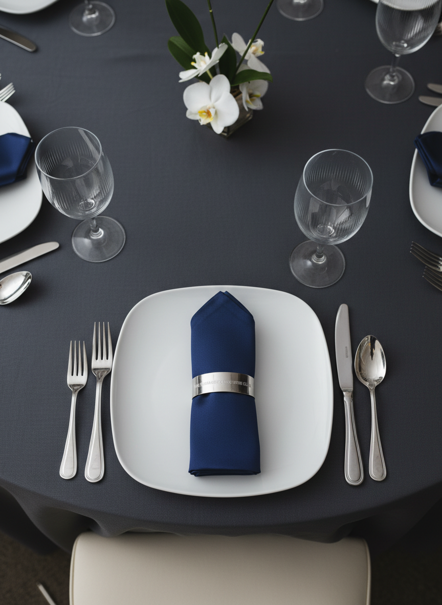 An artistic overhead photographic shot of a single gala place setting designed for The Illuminating Excellence Gala. A round table covered in a smooth, charcoal-gray linen supports a square, matte white plate centered perfectly within the frame. On top rests a neatly folded satin napkin in deep navy, secured with a slim, metallic silver ring. Flanking the plate are slender, polished utensils and a single crystal water goblet with fine vertical etching catching the light. Around the setting, faint outlines of other places and a small, minimalist floral accent are visible but softened. Soft, diffused top lighting minimizes harsh shadows and enhances textures, creating a calm, meticulously curated atmosphere that feels contemporary, elegant, and timeless.