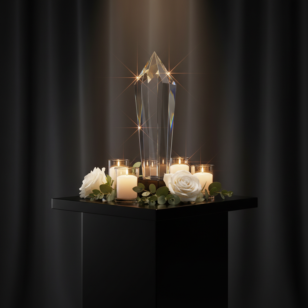 A refined, photographic still life symbolizing "Illuminating Excellence" for the gala’s visual theme. At the center stands a tall, faceted crystal award on a glossy black pedestal, its edges catching warm spotlight beams from above. Surrounding it are scattered soft‑glow candles in clear glass holders and a delicate arrangement of white roses and greenery. The background is a deep, velvety charcoal with a subtle gradient, suggesting a dimly lit stage at The Grandview. The lighting creates striking reflections and delicate highlights on the crystal, casting elegant, elongated shadows across the surface. Shot at a slightly low, three-quarter angle with shallow depth of field, the mood is aspirational, dignified, and celebratory, perfect for a sophisticated event website.