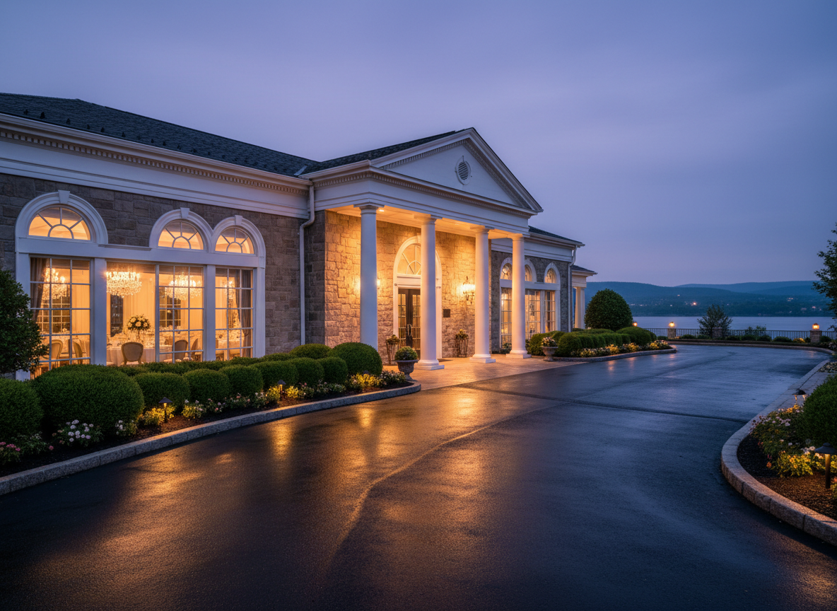 A twilight exterior of The Grandview in Poughkeepsie, NY, styled for a formal gala, photographed from a slightly elevated, three-quarter angle. The building’s elegant architecture is highlighted by discreet, warm façade lighting that glows against the deepening blue May evening sky of 2027. Large windows reveal hints of chandeliers and beautifully set tables inside. The foreground features a meticulously landscaped entrance with manicured shrubs, subtle path lighting, and a glossy, freshly paved drive reflecting points of light. The Hudson River is faintly visible beyond as a calm, dark ribbon. The composition uses leading lines from the driveway into the entrance, with crisp focus throughout, creating a sophisticated, welcoming mood in realistic, cinematic photographic style.