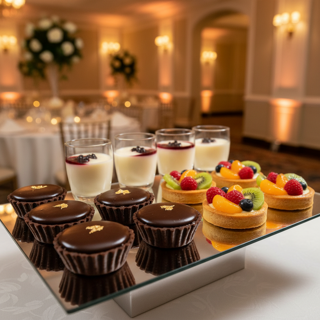A polished dessert display crafted for an upscale gala at The Grandview, photographed in close-up from a slightly elevated angle. A mirrored rectangular riser holds an array of impeccably plated miniature desserts: glossy dark chocolate tarts with gold leaf accents, delicate vanilla bean panna cottas in clear glass cups, and jewel-like fruit tartlets. Each piece is meticulously aligned, reflecting softly in the mirror. The background shows a blurred hint of a formal ballroom with warm ambient lighting and ivory linens. Overhead spotlights create subtle highlights on the glazes and glass, while gentle shadows enhance dimensionality. The mood is indulgent yet refined, emphasizing attention to detail and culinary artistry in a clean, modern photographic style suited to a sophisticated gala website.