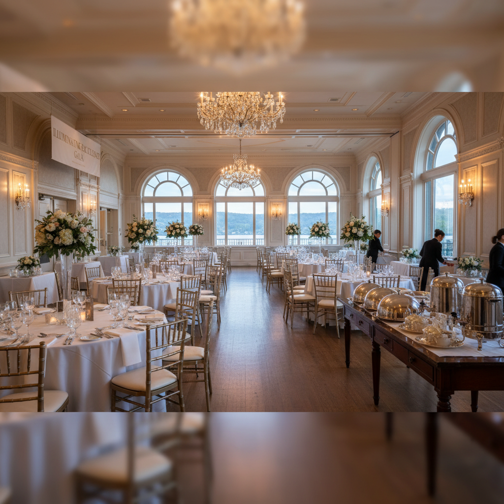 A quiet, late-afternoon preparation scene inside The Grandview ballroom, captured in photographic realism from an eye-level, wide-angle view. Rows of already-set round tables extend toward tall windows overlooking the Hudson River, where the soft, cool light of early May filters in. The interior lighting is partially dimmed, with only chandeliers and wall sconces casting a warm glow that contrasts gently with the natural light. On a side console, neatly arranged silver serving trays and polished coffee urns await service, their surfaces reflecting ambient hues. The composition emphasizes depth and symmetry, highlighting the transformation of the space from empty hall to gala venue. The mood is calm, anticipatory, and meticulously organized, conveying the sophistication and care behind the upcoming Illuminating Excellence Gala.