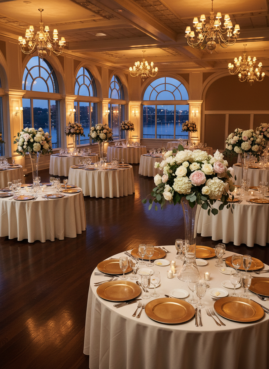 A grand, elegantly set ballroom inside The Grandview in Poughkeepsie, photographed from a wide, slightly elevated angle. Round tables are draped in ivory linens with shimmering metallic chargers, crystal stemware, and tall glass vases filled with white and soft blush florals. The polished dark wood floor reflects warm, golden overhead chandeliers. Floor‑to‑ceiling windows reveal a twilight view of the Hudson River, with subtle city lights twinkling beyond. The lighting is a balanced mix of soft ambient glow and focused accent spots on the centerpieces, creating a sophisticated, celebratory mood. The composition uses deep focus to keep every table and architectural detail sharp, evoking a refined, gala-ready atmosphere in photographic realism.