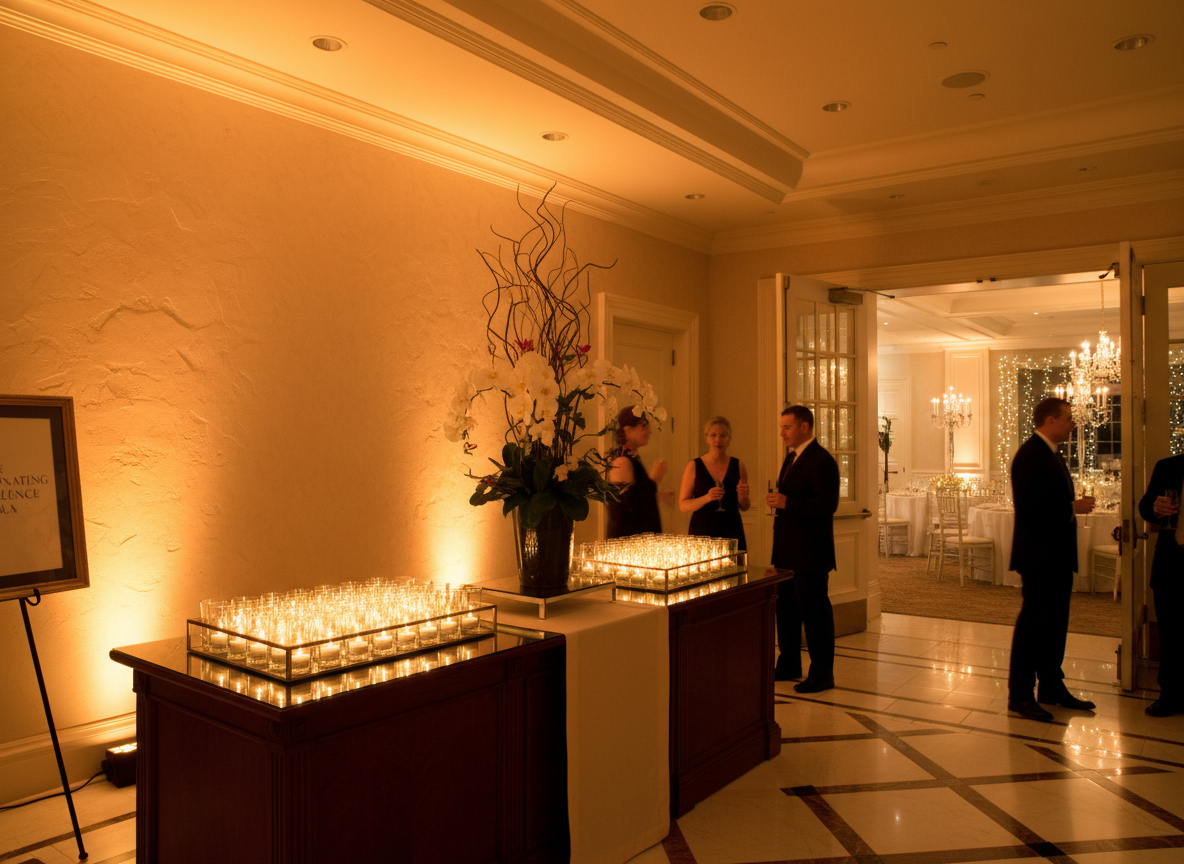An elegant reception lobby scene at The Grandview prepared for The Illuminating Excellence Gala, captured in photographic realism from a slightly low, wide-angle perspective. A sleek, dark wood registration table is covered with a tailored ivory runner, holding mirrored trays of sparkling glass escort card holders and a tall, sculptural floral arrangement of white orchids and greenery. Behind it, a dramatic feature wall is washed with soft, amber uplighting that subtly gradates toward the ceiling. To the side, a glimpse of the ballroom entrance is visible, doors open and glowing invitingly. The lighting is warm and refined, casting delicate shadows that emphasize textures while maintaining a calm, anticipatory atmosphere of sophisticated celebration.