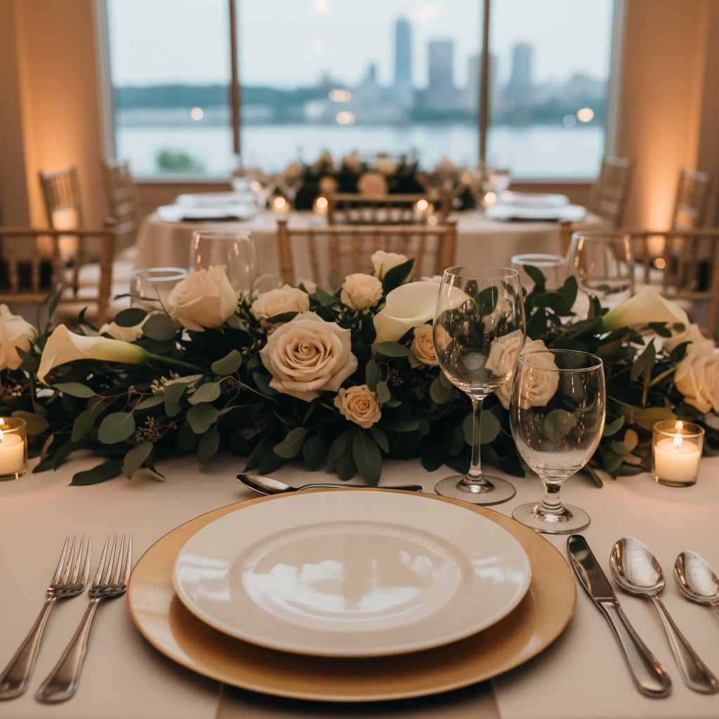 A close-up, photographic view of an exquisitely arranged gala table setting at The Grandview, captured at eye level along the table’s edge. A pristine white porcelain dinner plate sits atop a brushed gold charger, flanked by polished silver cutlery and crystal-clear stemware that catches pinpoints of light. A low, elongated centerpiece of white calla lilies, pale roses, and greenery runs through the middle, interspersed with small glass votive candles. The background falls into a soft bokeh of other tables and a distant window hinting at the Hudson River. Warm, diffused event lighting creates gentle highlights on glass and metal, evoking a luxurious yet welcoming ambiance in a clean, modern photographic style.